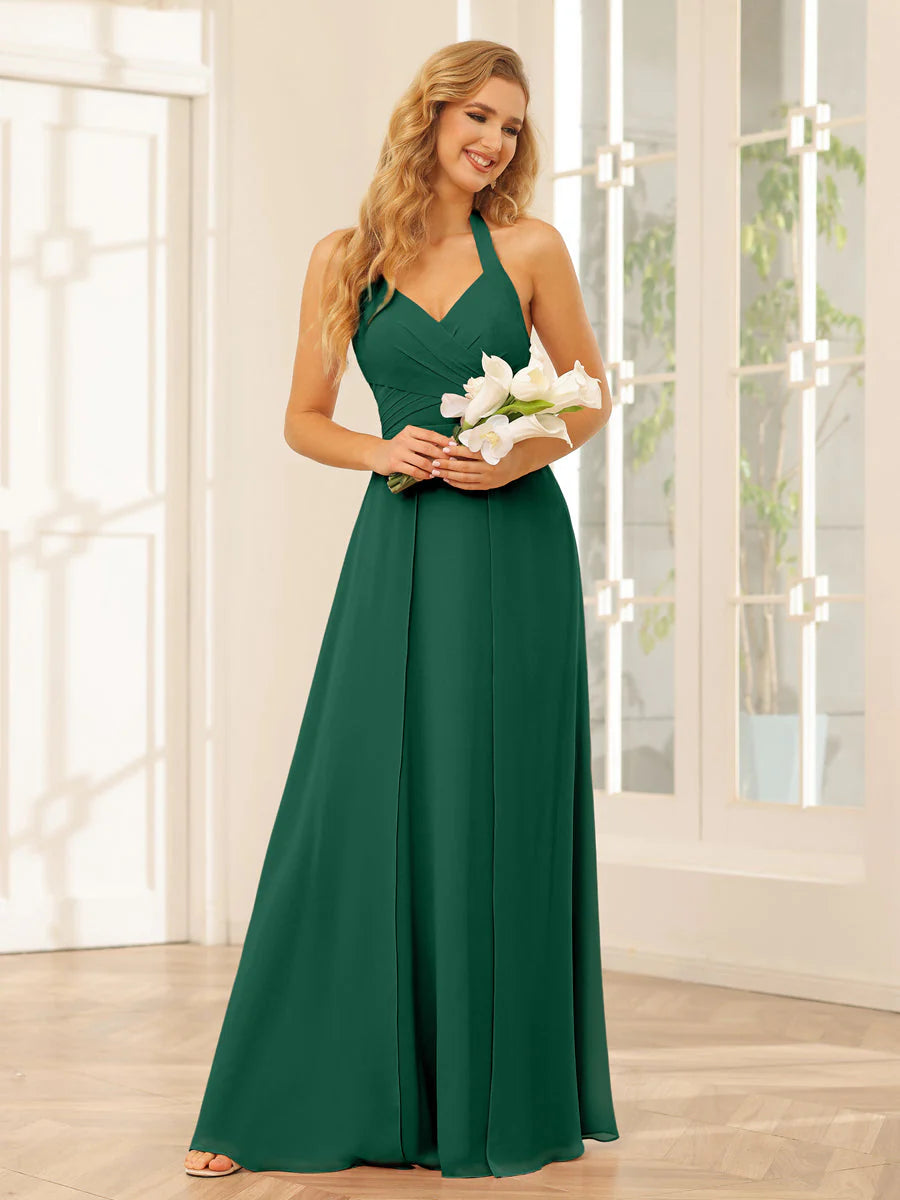 A-Line/Princess Halter Long Bridesmaid Dresses With Split Side