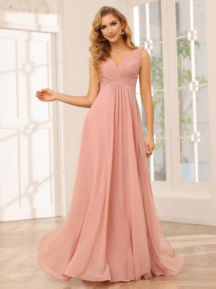 A-Line/Princess V-Neck Long Bridesmaid Dresses With Split Side