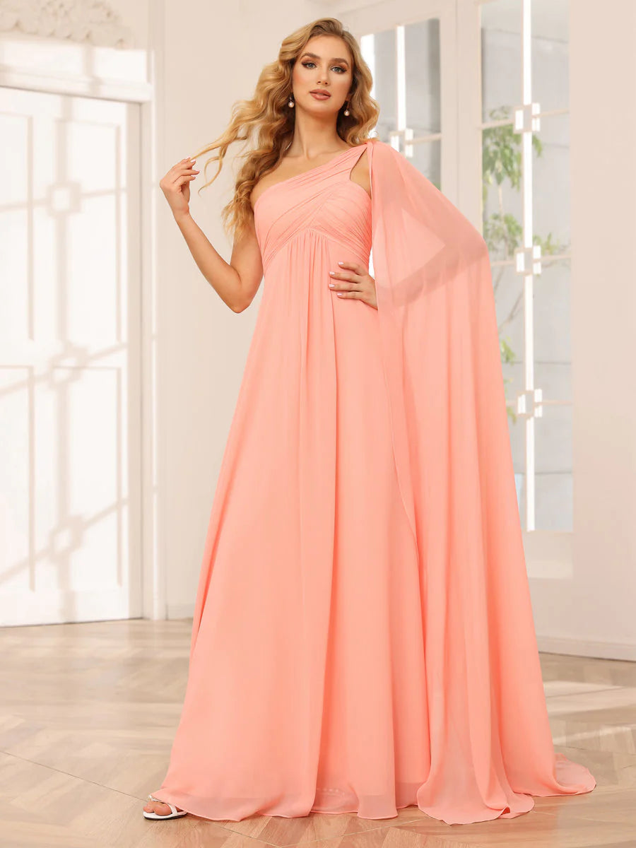 A-Line/Princess One-Shoulder Long Bridesmaid Dresses With Ruched