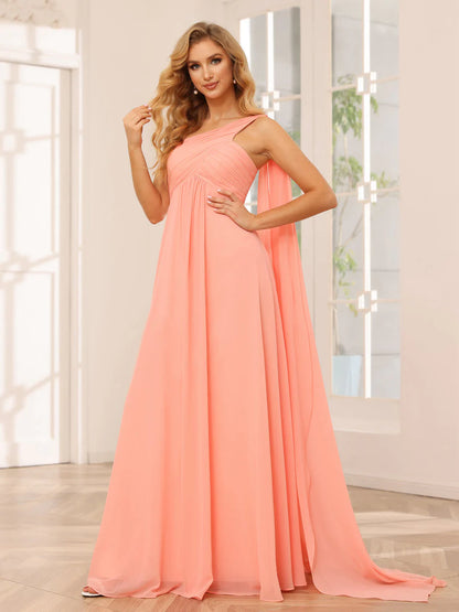 A-Line/Princess One-Shoulder Long Bridesmaid Dresses With Ruched