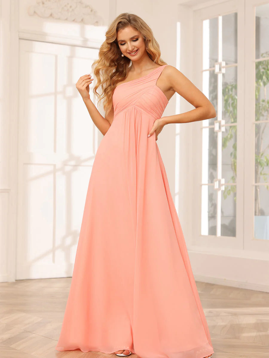 A-Line/Princess One-Shoulder Long Bridesmaid Dresses With Ruched