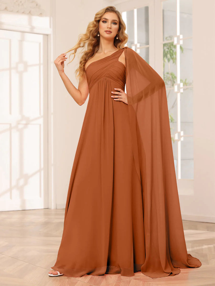 A-Line/Princess One-Shoulder Long Bridesmaid Dresses With Ruched