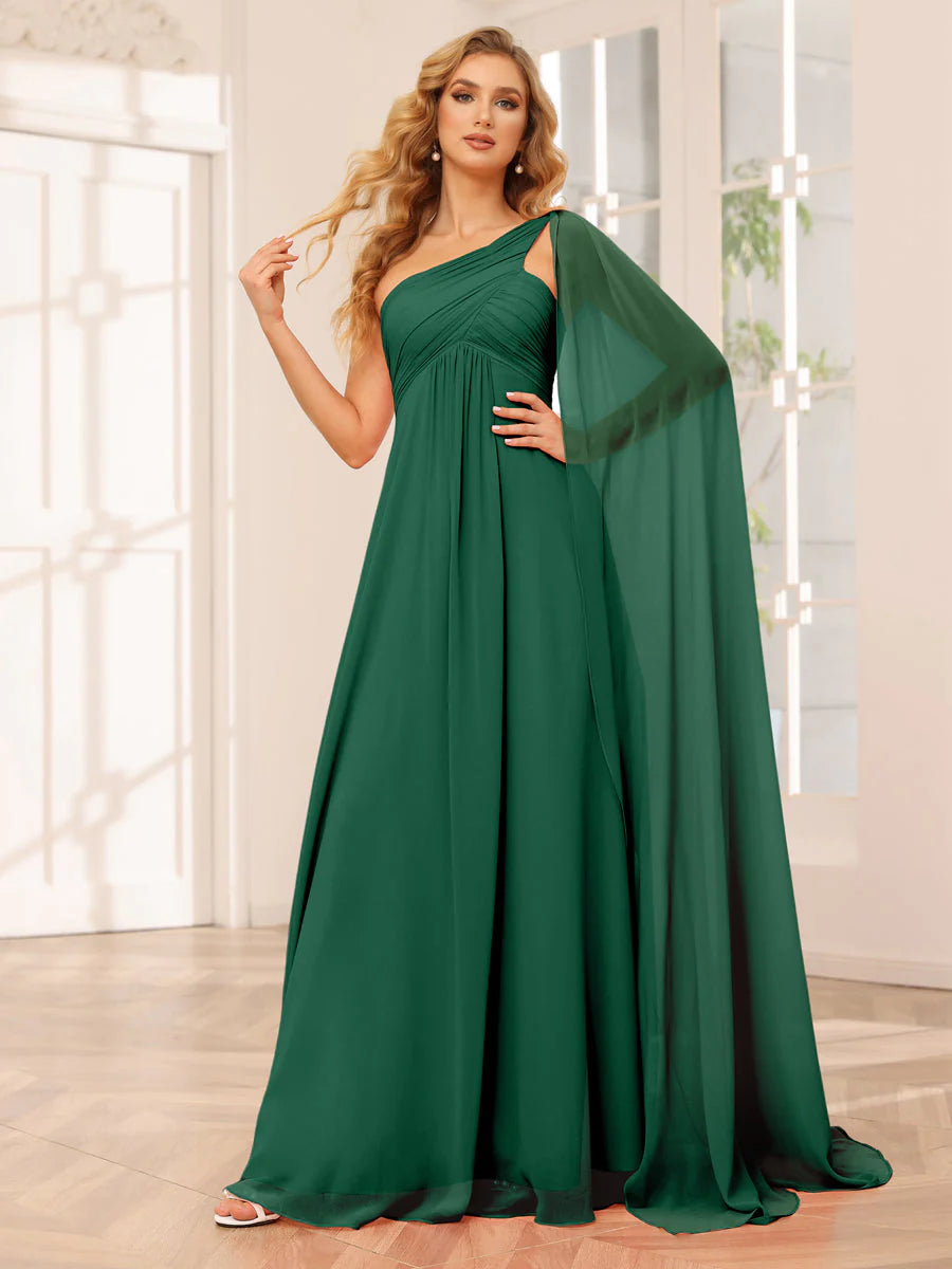 A-Line/Princess One-Shoulder Long Bridesmaid Dresses With Ruched