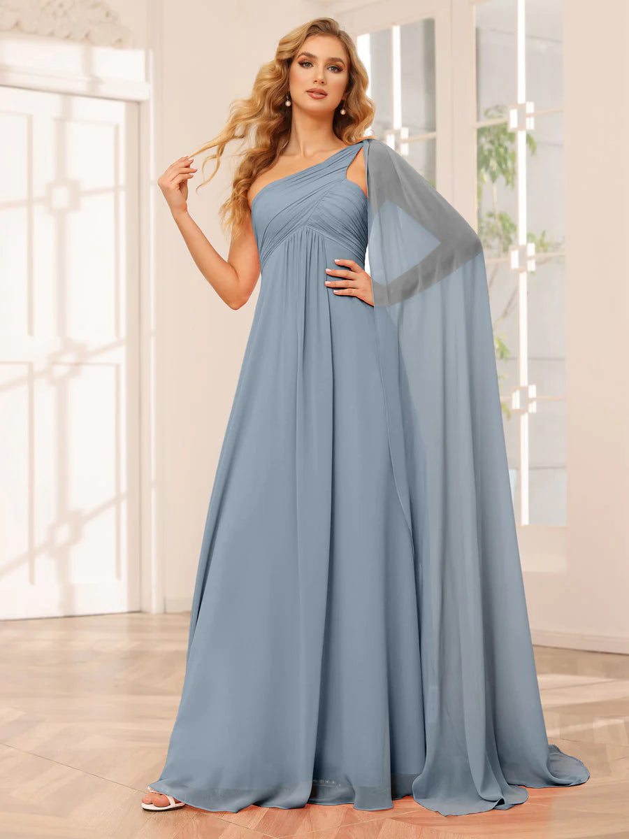 A-Line/Princess One-Shoulder Long Bridesmaid Dresses With Ruched