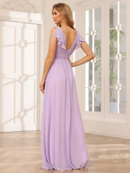 A-Line/Princess V-Neck Long Bridesmaid Dresses With Ruffles