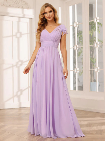 A-Line/Princess V-Neck Long Bridesmaid Dresses With Ruffles