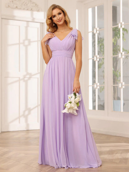 A-Line/Princess V-Neck Long Bridesmaid Dresses With Ruffles