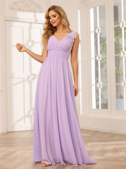 A-Line/Princess V-Neck Long Bridesmaid Dresses With Ruffles