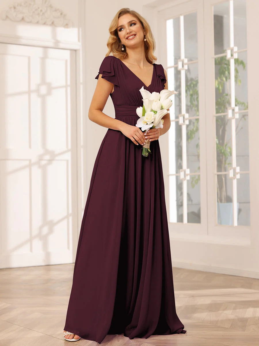 A-Line/Princess V-Neck Long Bridesmaid Dresses With Ruffles