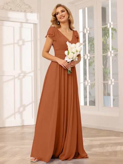 A-Line/Princess V-Neck Long Bridesmaid Dresses With Ruffles