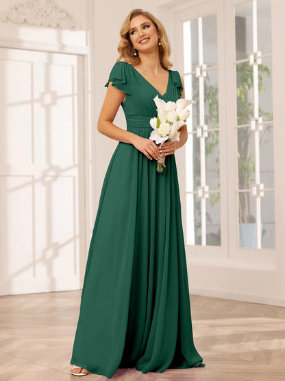 A-Line/Princess V-Neck Long Bridesmaid Dresses With Ruffles