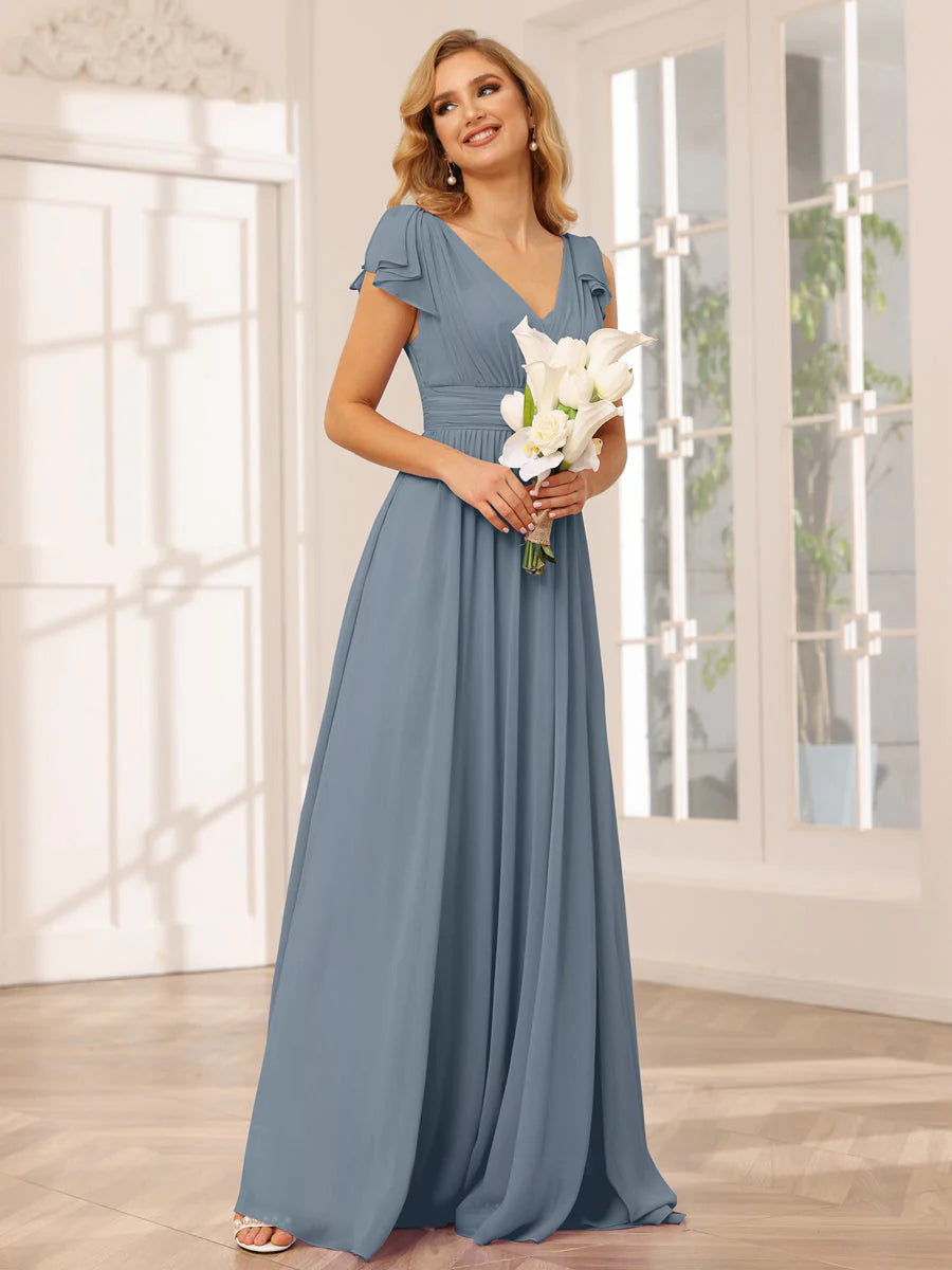 A-Line/Princess V-Neck Long Bridesmaid Dresses With Ruffles