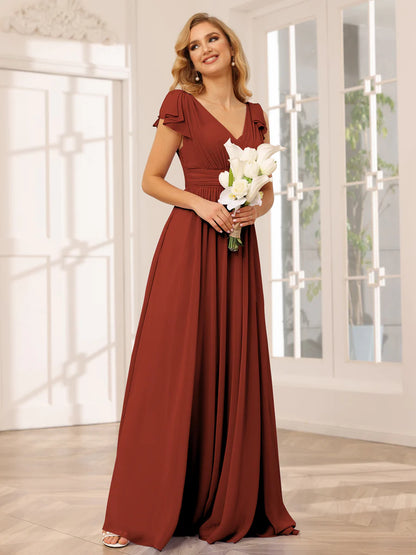 A-Line/Princess V-Neck Long Bridesmaid Dresses With Ruffles