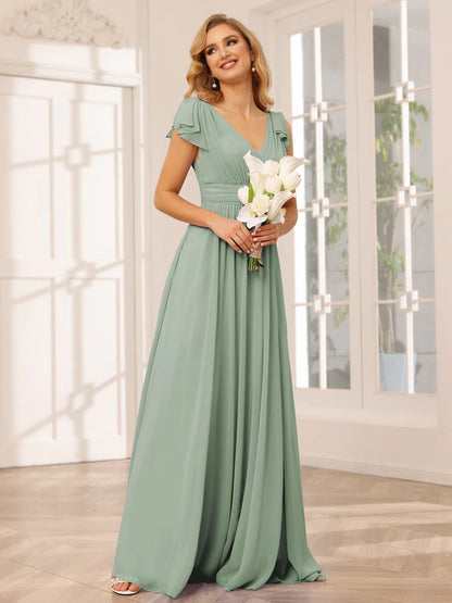 A-Line/Princess V-Neck Long Bridesmaid Dresses With Ruffles