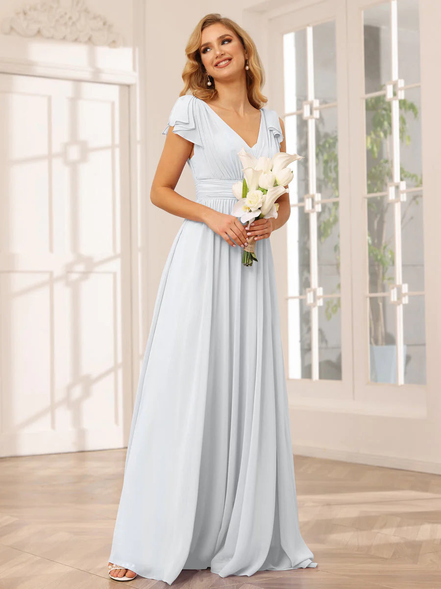 A-Line/Princess V-Neck Long Bridesmaid Dresses With Ruffles