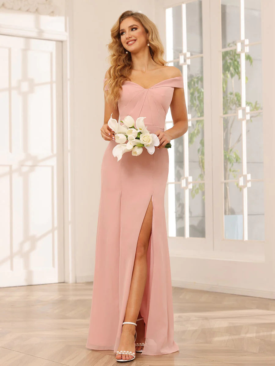 Sheath/Column Off-The-Shoulder Long Bridesmaid Dresses With Split Side