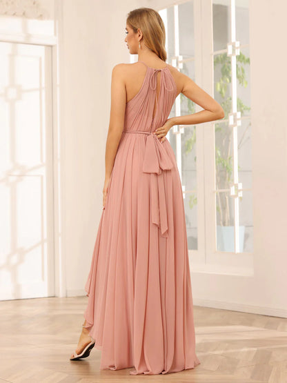 A-Line/Princess Halter Asymmetrical Bridesmaid Dresses With Sash