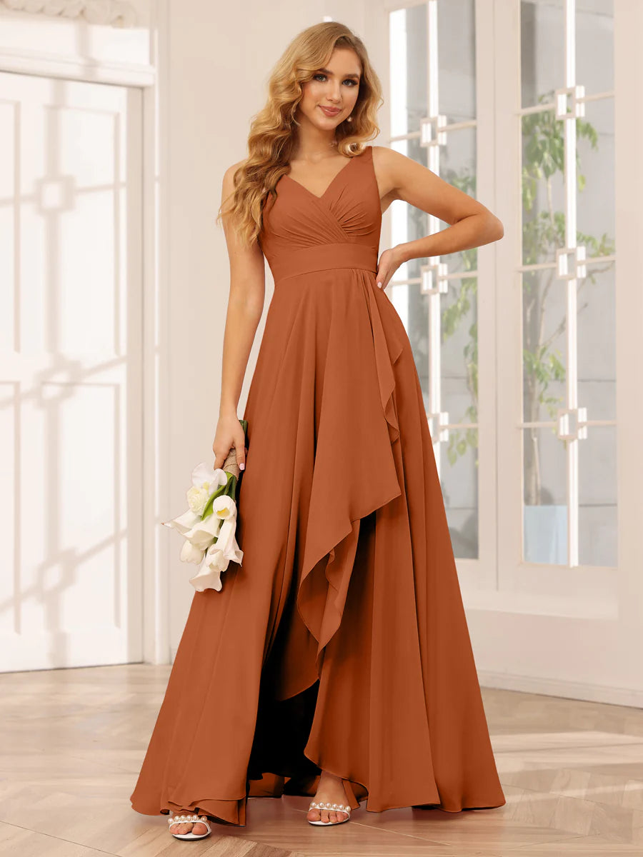 A-Line/Princess V-Neck Asymmetrical Bridesmaid Dresses With Ruffles