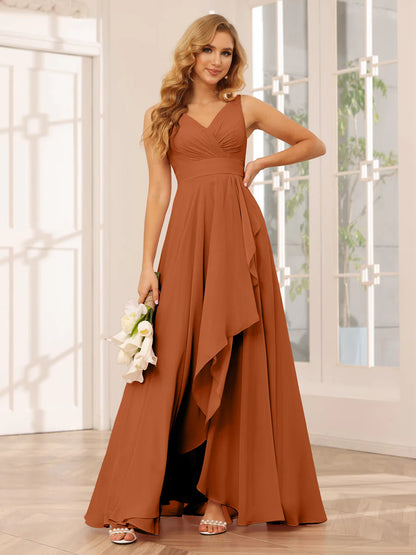 A-Line/Princess V-Neck Asymmetrical Bridesmaid Dresses With Ruffles