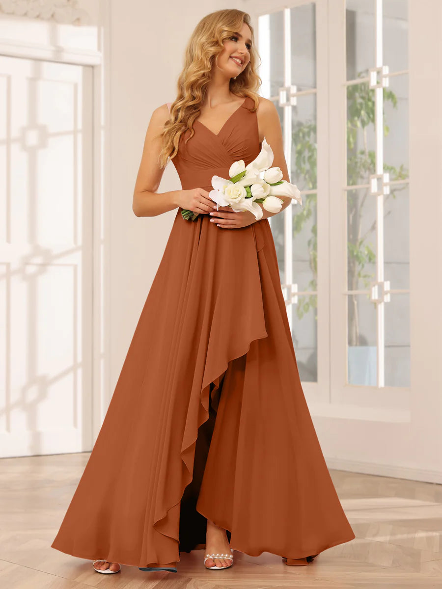 A-Line/Princess V-Neck Asymmetrical Bridesmaid Dresses With Ruffles