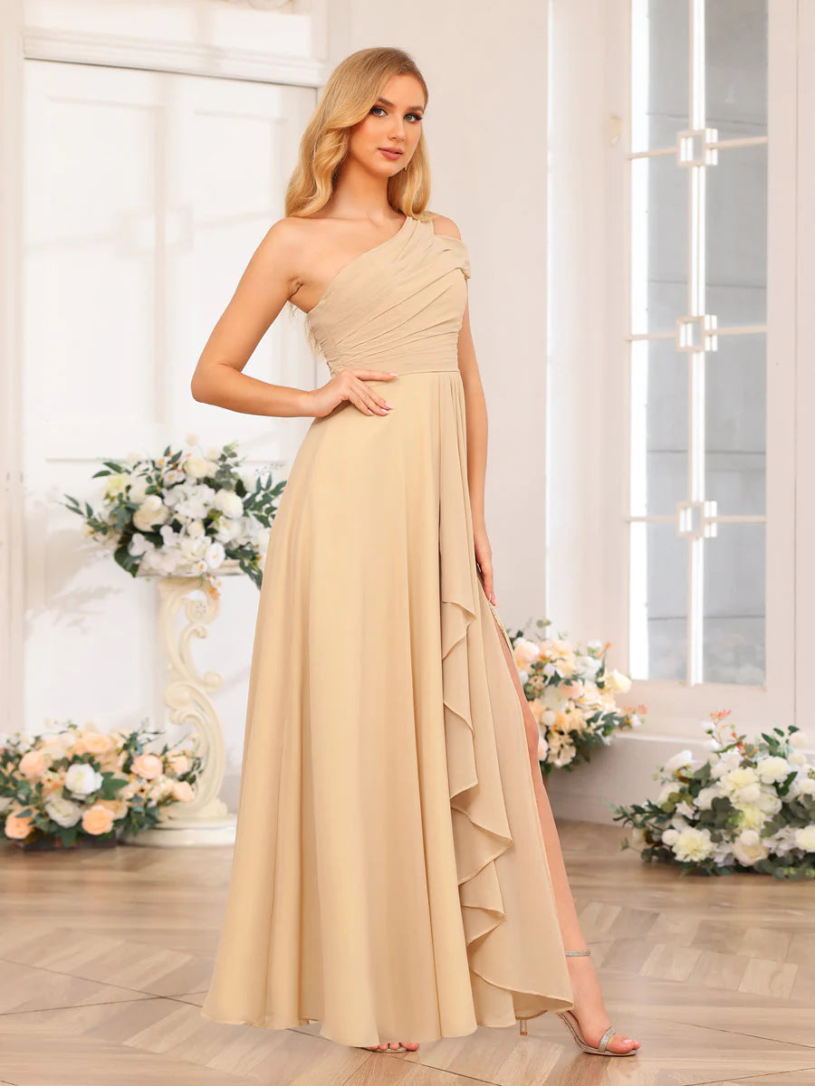 A-Line/Princess One-Shoulder Long Wedding Party Dresses With Split Side