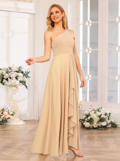 A-Line/Princess One-Shoulder Long Wedding Party Dresses With Split Side