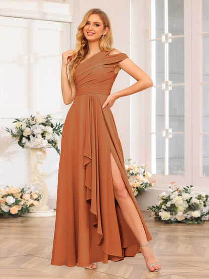 A-Line/Princess One-Shoulder Long Wedding Party Dresses With Split Side