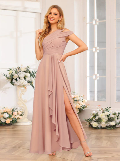 A-Line/Princess One-Shoulder Long Wedding Party Dresses With Split Side