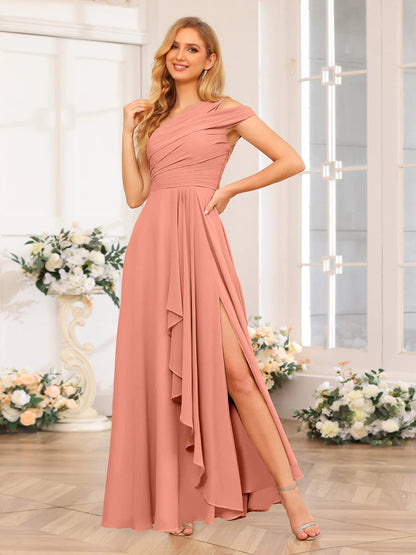 A-Line/Princess One-Shoulder Long Wedding Party Dresses With Split Side