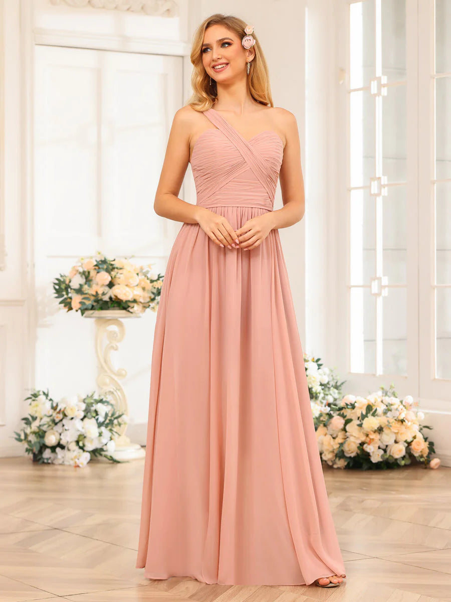 A-Line/Princess One-Shoulder Long Wedding Party Dresses With Split Side