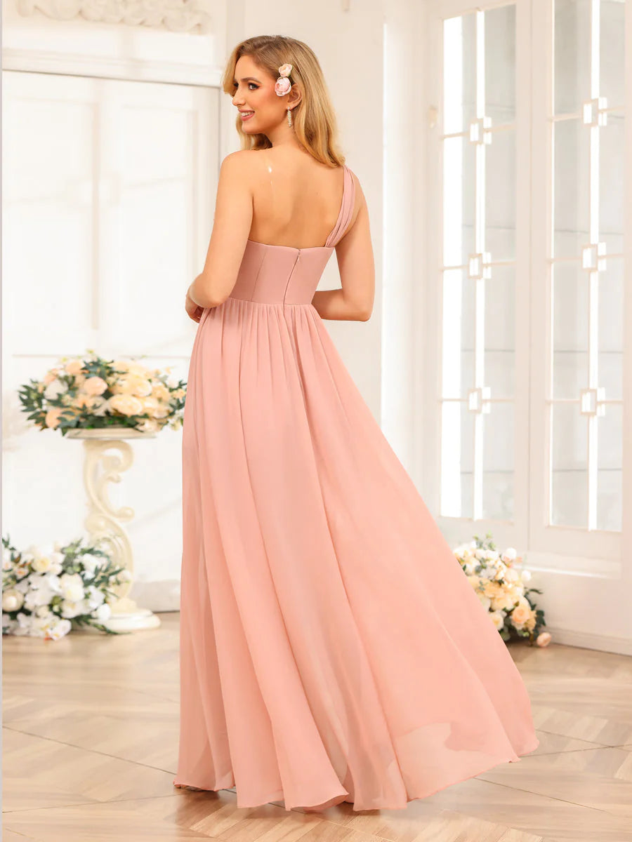 A-Line/Princess One-Shoulder Long Wedding Party Dresses With Split Side