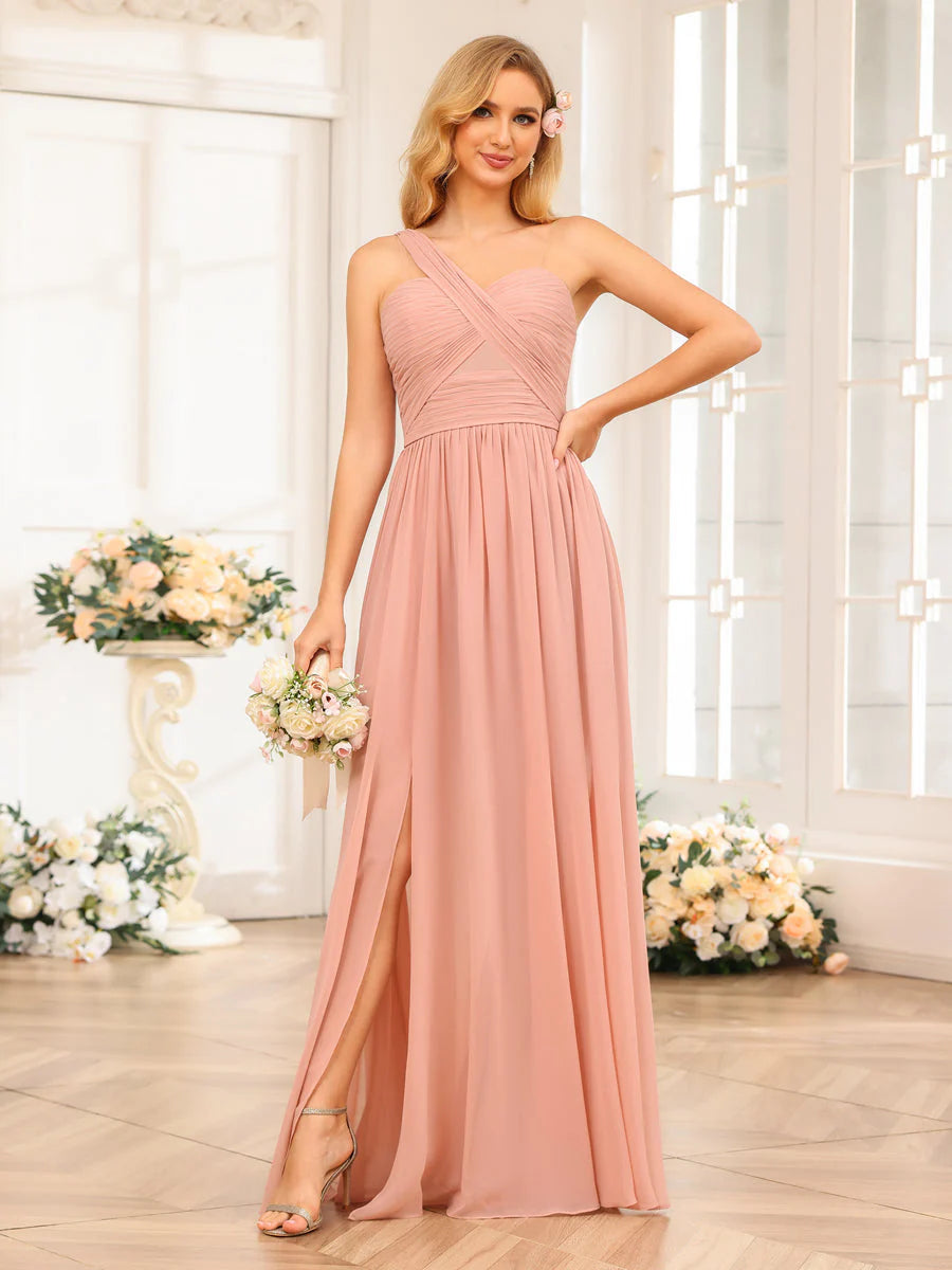 A-Line/Princess One-Shoulder Long Wedding Party Dresses With Split Side