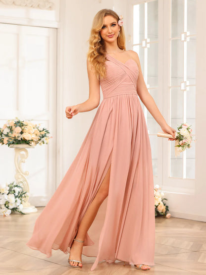 A-Line/Princess One-Shoulder Long Wedding Party Dresses With Split Side