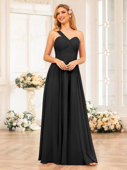 A-Line/Princess One-Shoulder Long Wedding Party Dresses With Split Side