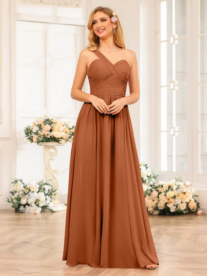 A-Line/Princess One-Shoulder Long Wedding Party Dresses With Split Side