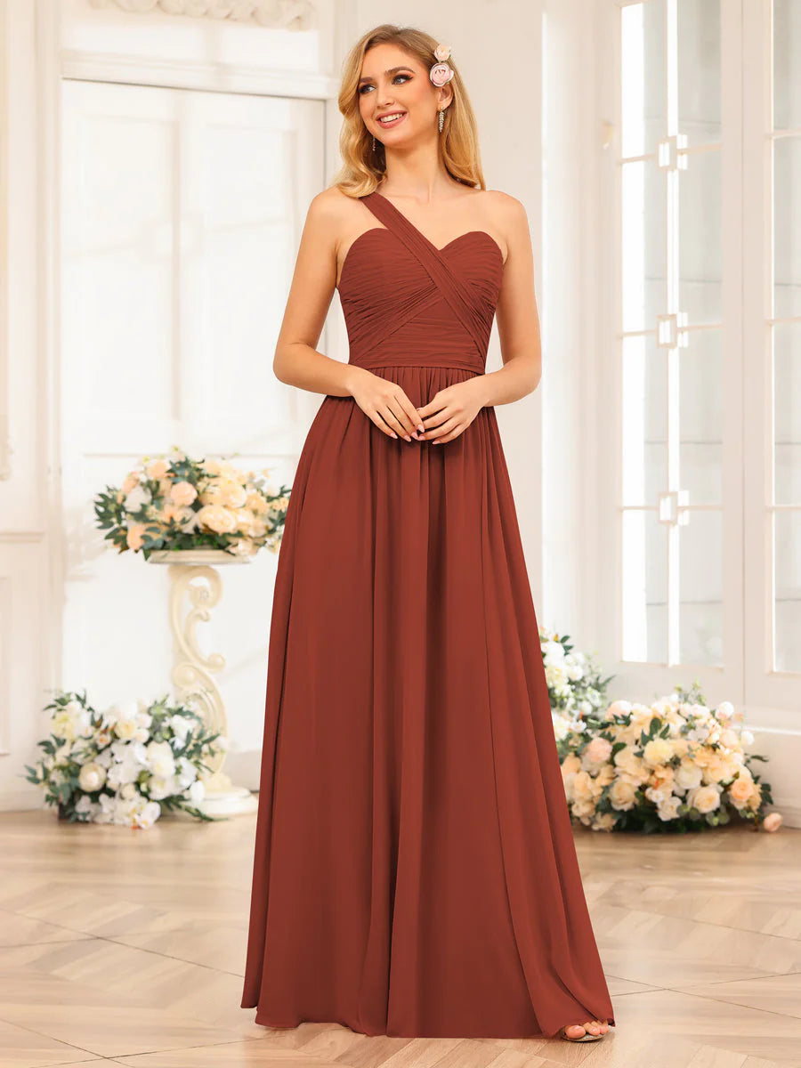 A-Line/Princess One-Shoulder Long Wedding Party Dresses With Split Side