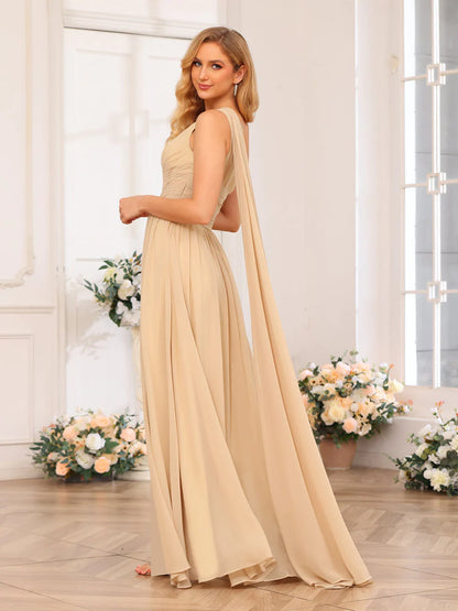 A-Line/Princess One-Shoulder Long Wedding Party Dresses With Watteau Train