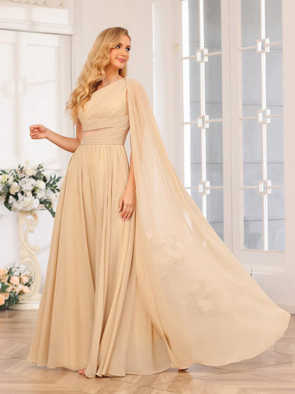 A-Line/Princess One-Shoulder Long Wedding Party Dresses With Watteau Train