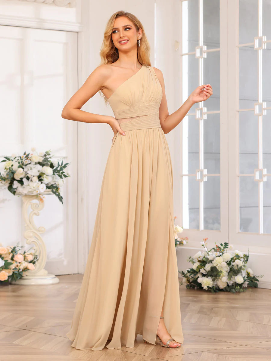 A-Line/Princess One-Shoulder Long Wedding Party Dresses With Watteau Train