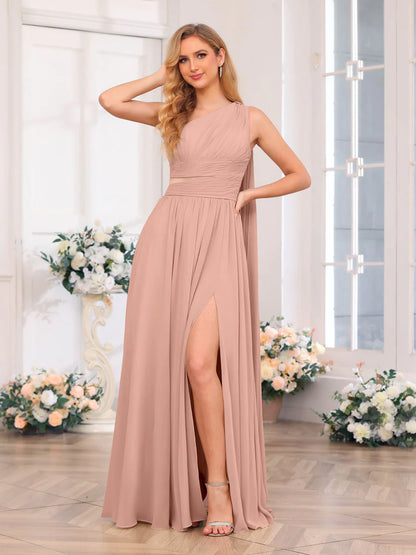 A-Line/Princess One-Shoulder Long Wedding Party Dresses With Watteau Train