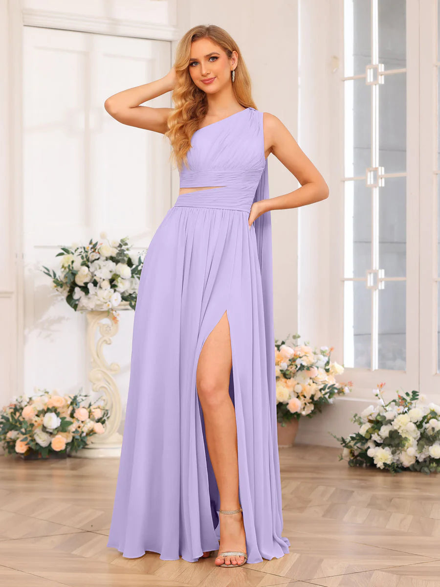 A-Line/Princess One-Shoulder Long Wedding Party Dresses With Watteau Train