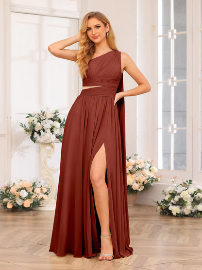 A-Line/Princess One-Shoulder Long Wedding Party Dresses With Watteau Train