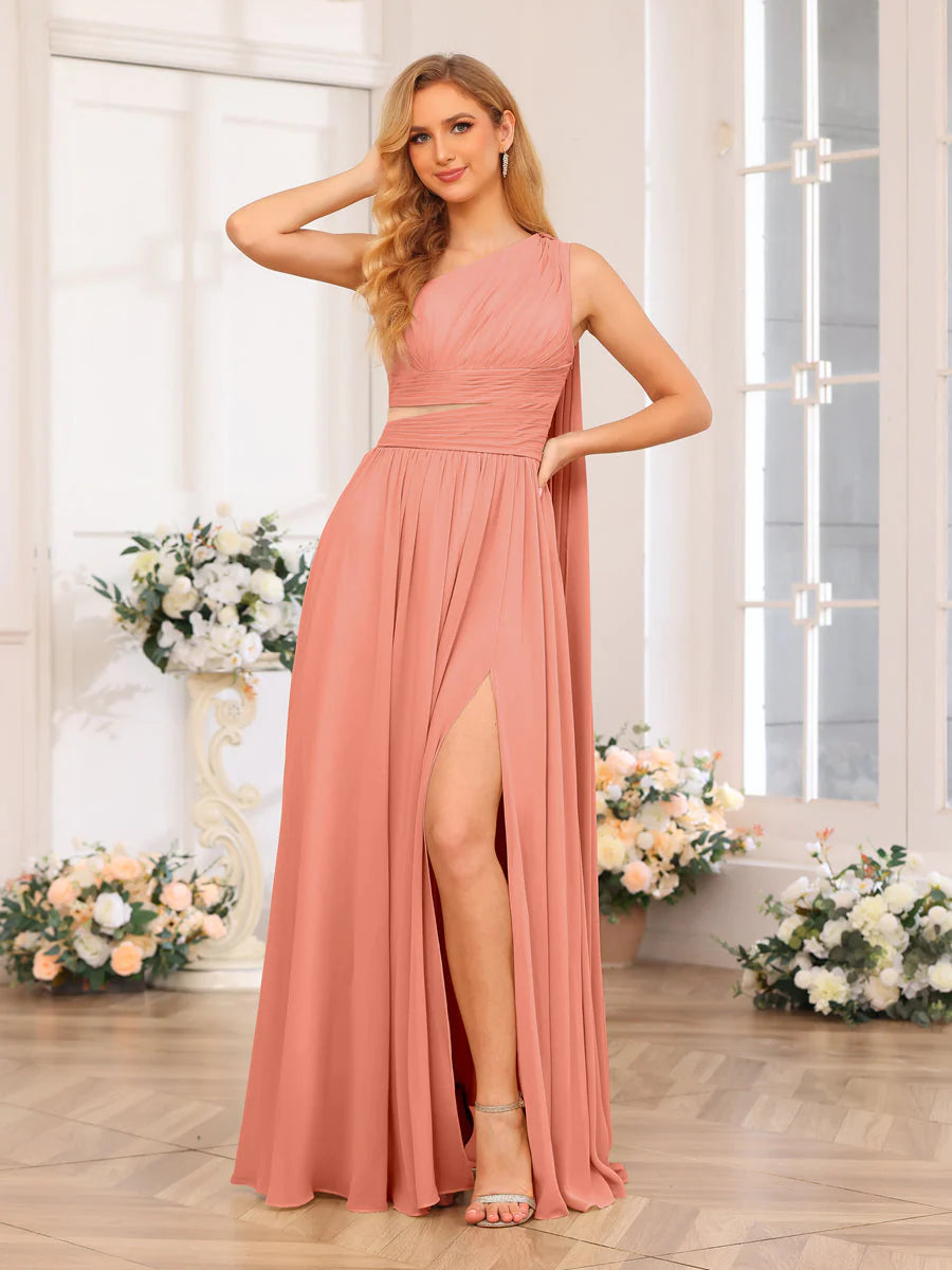 A-Line/Princess One-Shoulder Long Wedding Party Dresses With Watteau Train