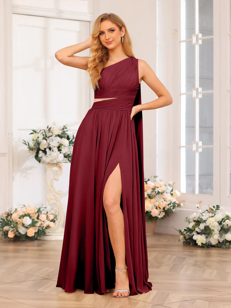 A-Line/Princess One-Shoulder Long Wedding Party Dresses With Watteau Train