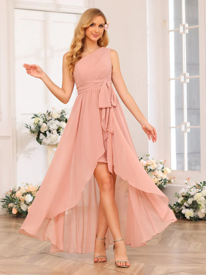 A-Line/Princess One-Shoulder Long Wedding Party Dresses With Sash