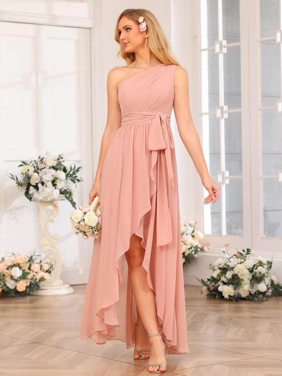 A-Line/Princess One-Shoulder Long Wedding Party Dresses With Sash