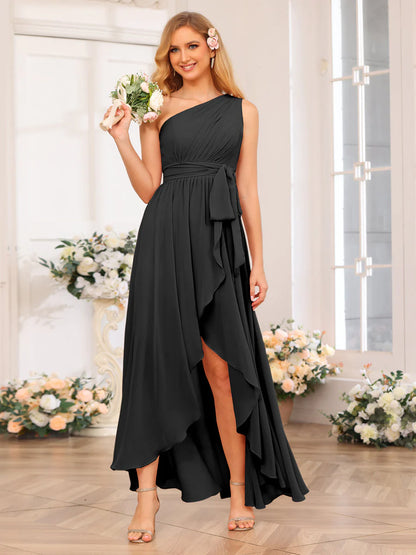 A-Line/Princess One-Shoulder Long Wedding Party Dresses With Sash