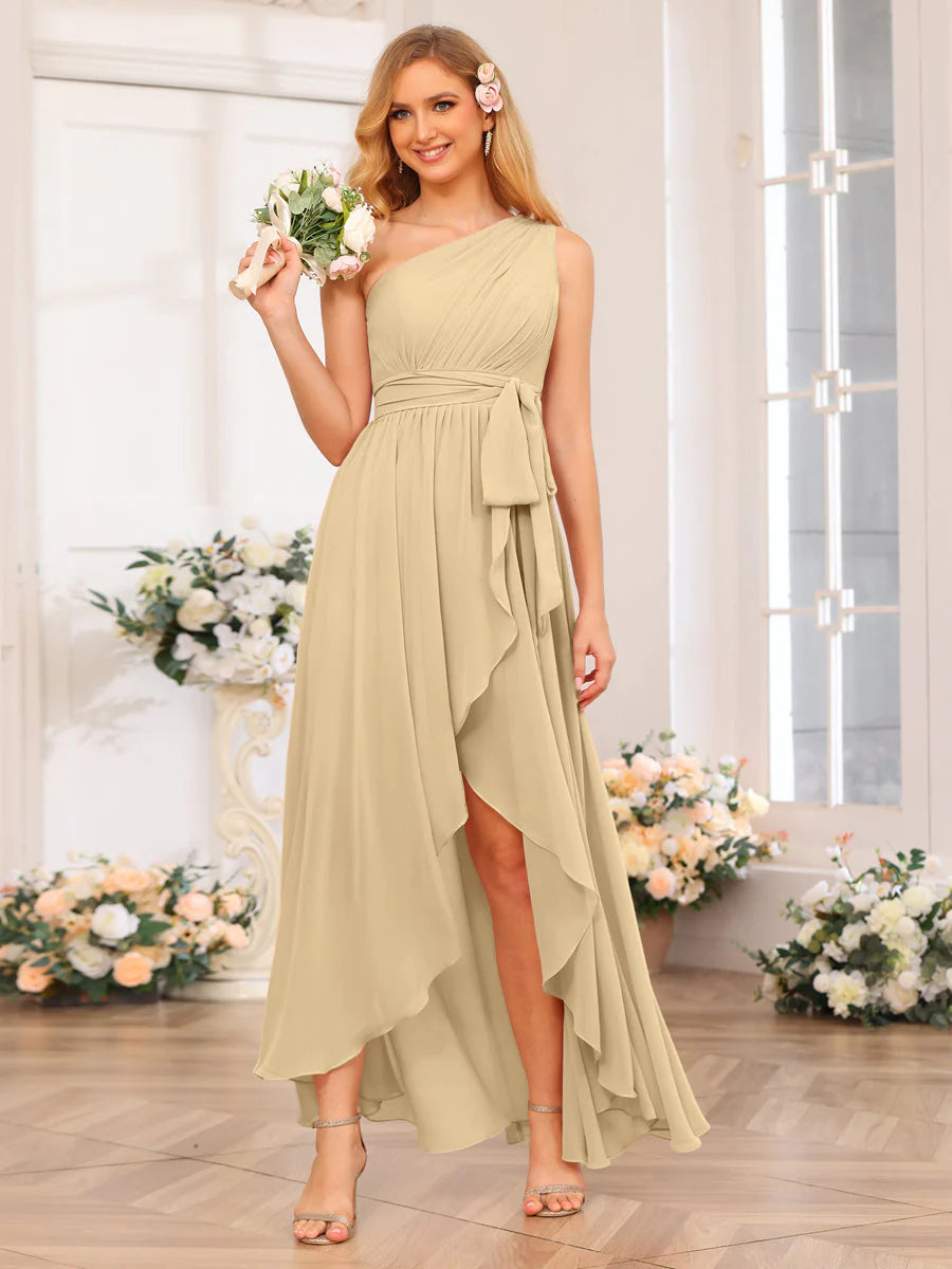 A-Line/Princess One-Shoulder Long Wedding Party Dresses With Sash