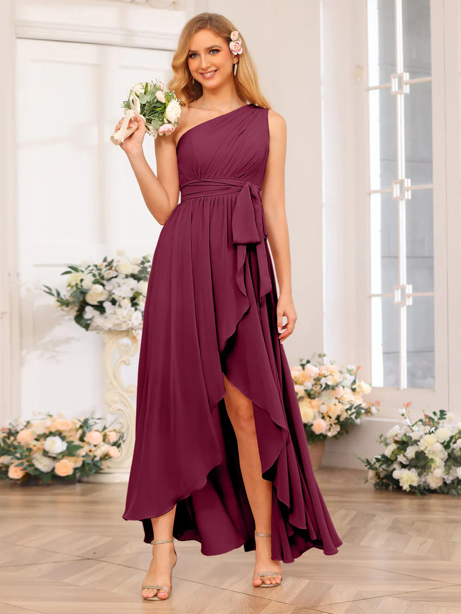 A-Line/Princess One-Shoulder Long Wedding Party Dresses With Sash