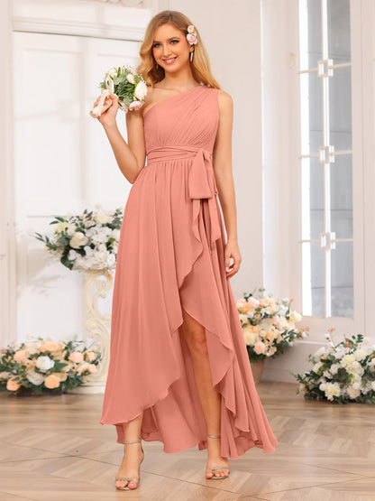 A-Line/Princess One-Shoulder Long Wedding Party Dresses With Sash